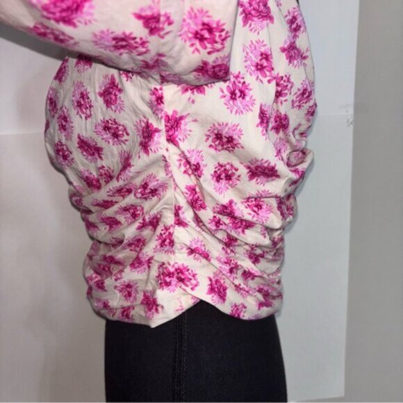 Zara Floral Pink Cream Ruched Women's XL Top On/Off Shoulder Zip Long Sleeve - Picture 6 of 10